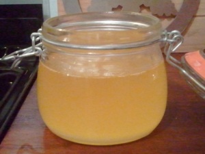 This is the butter oil still hot, when set, it will be a buttery yellow colour, and slightly grainy.